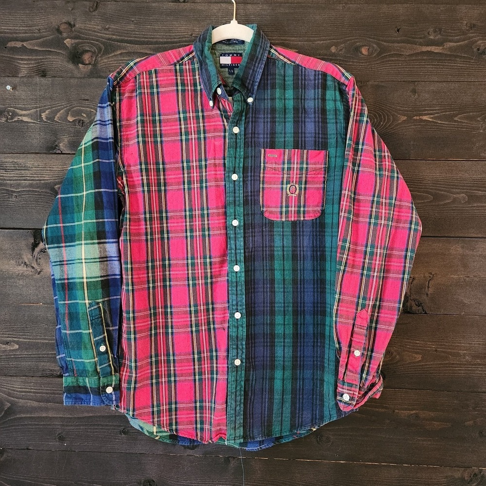 Y2K Tommy Hilfiger Patchwork Tartan Plaid Oxford Button Down Shirt L Academia - Picture 10 of 10